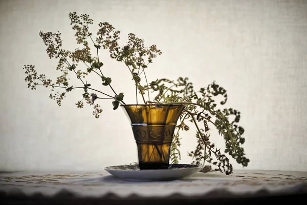 Flowers bouquet silhouette in a yellow glass vase backlit from a
