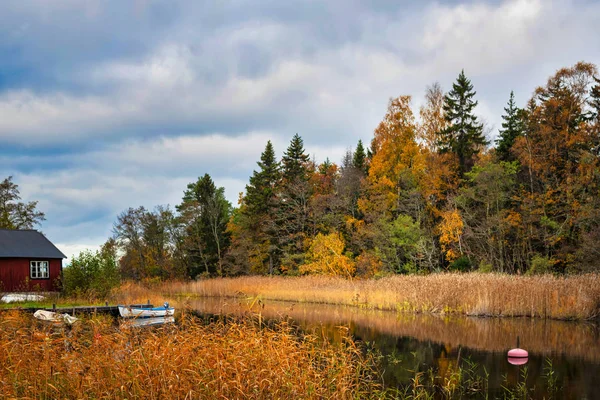 Sahildeki körfez Vividi sonbahar renklerinde, suyu yansıtan — Stok fotoğraf
