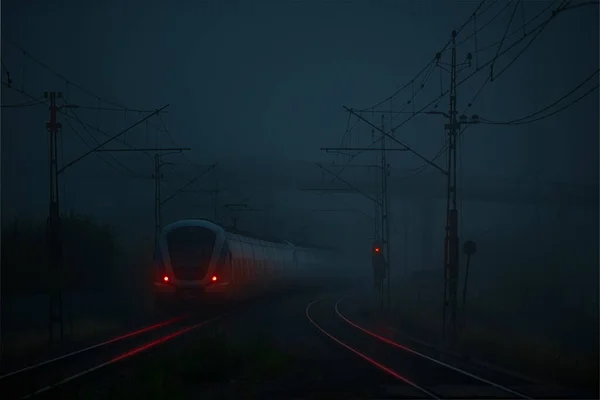 Tren Cercanías Niebla Durante Madrugada Durante Autum Luces Rojas —  Fotos de Stock