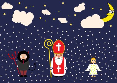 Sevimli çizgi tebrik kartı ile Saint Nicholas, melek ve Şeytan karakteri.