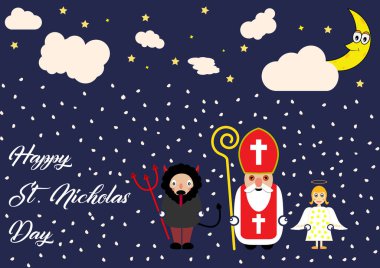 Sevimli çizgi tebrik kartı ile Saint Nicholas, melek ve Şeytan karakteri.