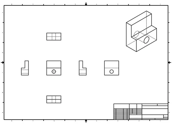 Technische Tekening Met Perspectief Orthogonale Uitzicht Met Stempel — Stockvector