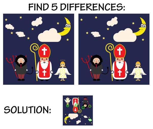 Child game - find 5 differences in pictures, with solution, Cute cartoon greeting card with Saint Nicholas, angel and devil character