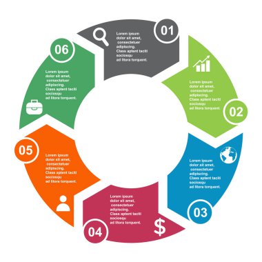 6 adım vektör öğe etiketleri, Infographic diyagramı ile altı renklerde. 6 adımlar veya boş seçenekleriyle iş kavramı .