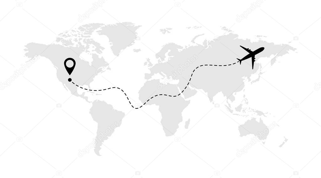 Airplane line vector icon of air plane flight route with start point and line trace .