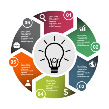 6 adım vektör öğe etiketleri, Infographic diyagramı ile altı renklerde. 6 adımlar veya ampul seçenekleriyle iş kavramı .