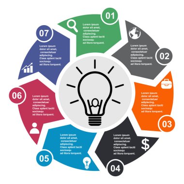 7 adım vektör öğe etiketleri, Infographic diyagramı yedi renk. 7 adımlar veya ampul seçenekleriyle iş kavramı .