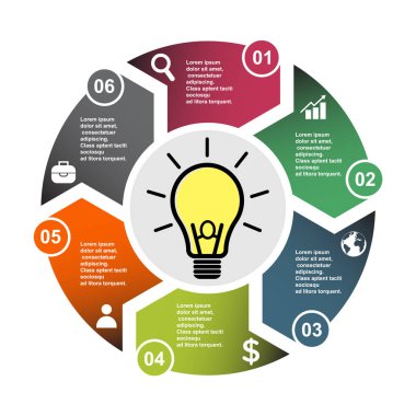 6 adım vektör öğe etiketleri, Infographic diyagramı ile altı renklerde. 6 adımlar veya ampul seçenekleriyle iş kavramı .