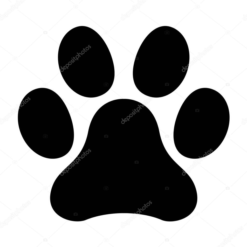 Black icon vector silhouette of a paw print, isolated on background  .