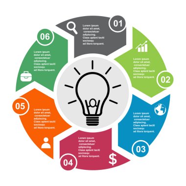 6 adım vektör öğe etiketleri, Infographic diyagramı ile altı renklerde. 6 adımlar veya ampul seçenekleriyle iş kavramı .
