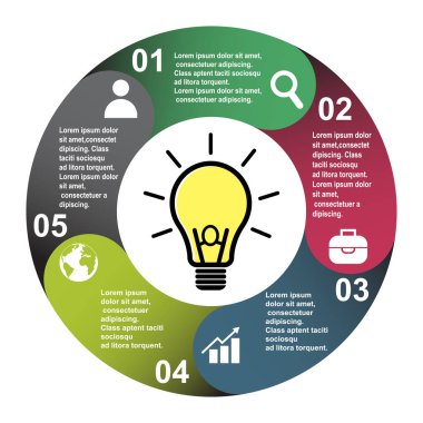 5 adım beş renk etiketleri, Infographic diyagramı öğesinde vektör. 5 adımlar veya ampul seçenekleriyle iş kavramı .