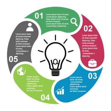5 steps vector element in five colors with labels, infographic diagram. Business concept of 5 steps or options with bulb . clipart