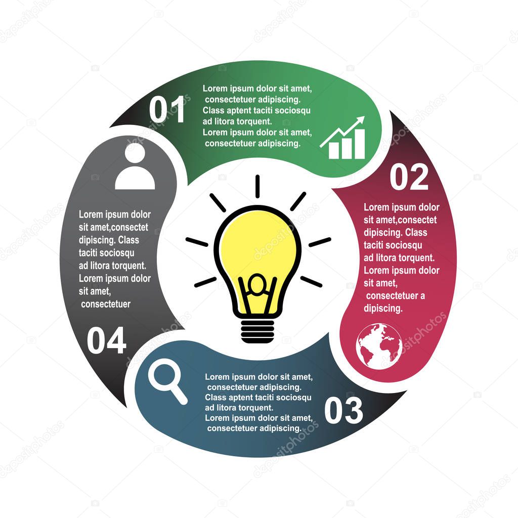 4 step vector element in four colors with labels, infographic diagram. Business concept of 4 steps or options with light bulb