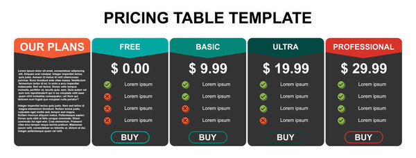 Pricing table, plan  list, or comparison template vector. Business presentation, infographic, website element, hosting plan