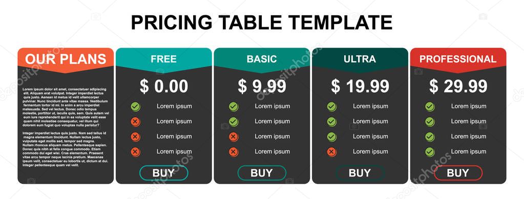 Pricing table, plan  list, or comparison template vector. Business presentation, infographic, website element, hosting plan