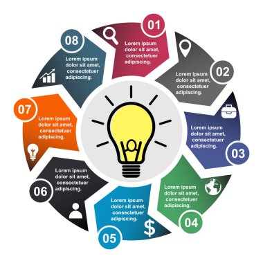 8 adım vektör öğe etiketleri, Infographic diyagramı sekiz renk. 8 adımlar veya ampul seçenekleriyle iş kavramı