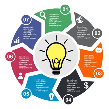 Etiketler, İnfografik diyagram ile yedi renk 7 adım vektör öğesi. Ampul ile 7 basamak veya seçenek iş kavramı