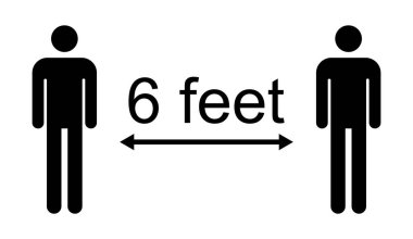 Sosyal uzaklık simgesi vektörü beyaz arkaplanda izole edildi. İnsan işaretli Covid-19 alarmı, vektör illüstrasyonu .