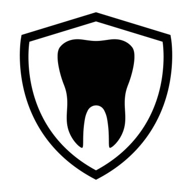 Beyaz zemin üzerinde izole edilmiş, kalkanın düz simgesindeki diş. Diş vektörü çizimi. Diş hekimliği sembolü. Stomatoloji .