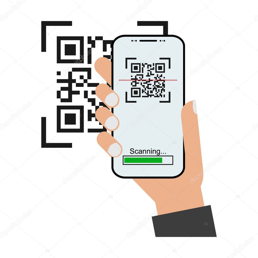 Mobil scan flat icon with hand isolated on white background. QR code reader vector illustration .