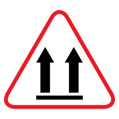 Bu taraf beyaz arkaplanda izole edilmiş düz simge uyarısı. Paket sembolü, etiket vektör çizimi. Teslimat ulaşımı .