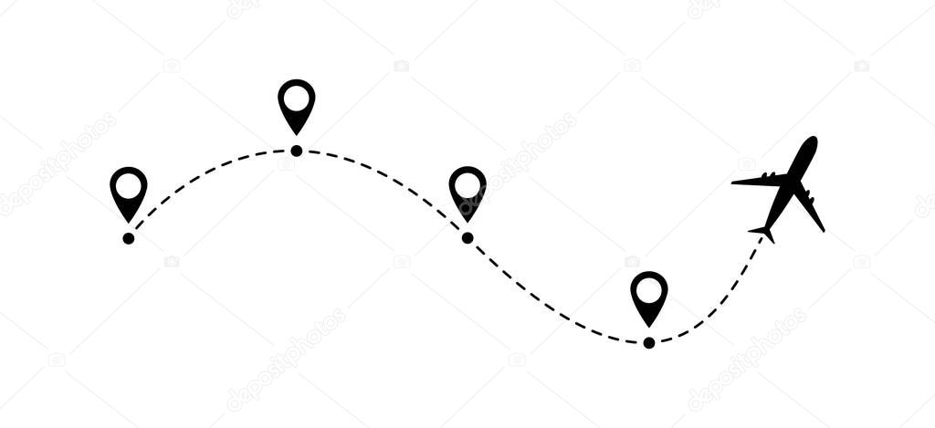 Airplane line vector icon of air plane flight route with start point and line trace isolated on white background .