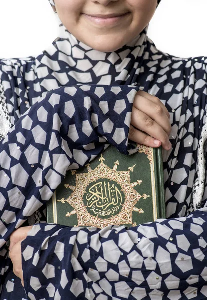 Young Muslim Girl Hugging Holy Book Quran — Stock Photo, Image