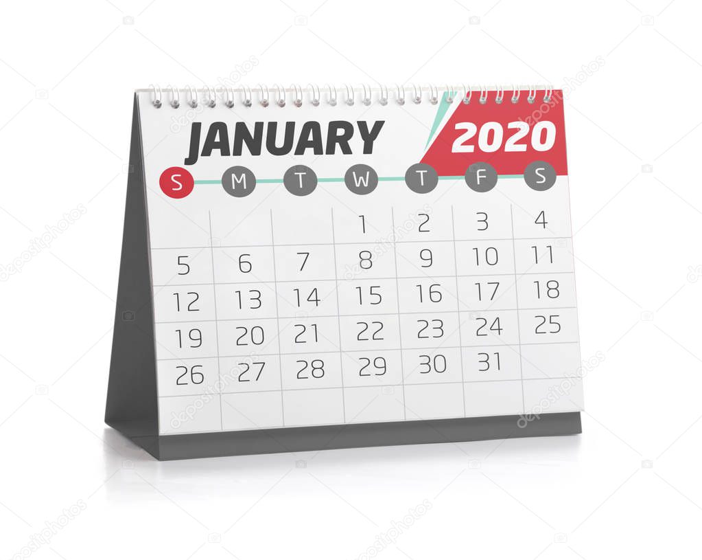 January White Office Calendar 2020 Isolated on White