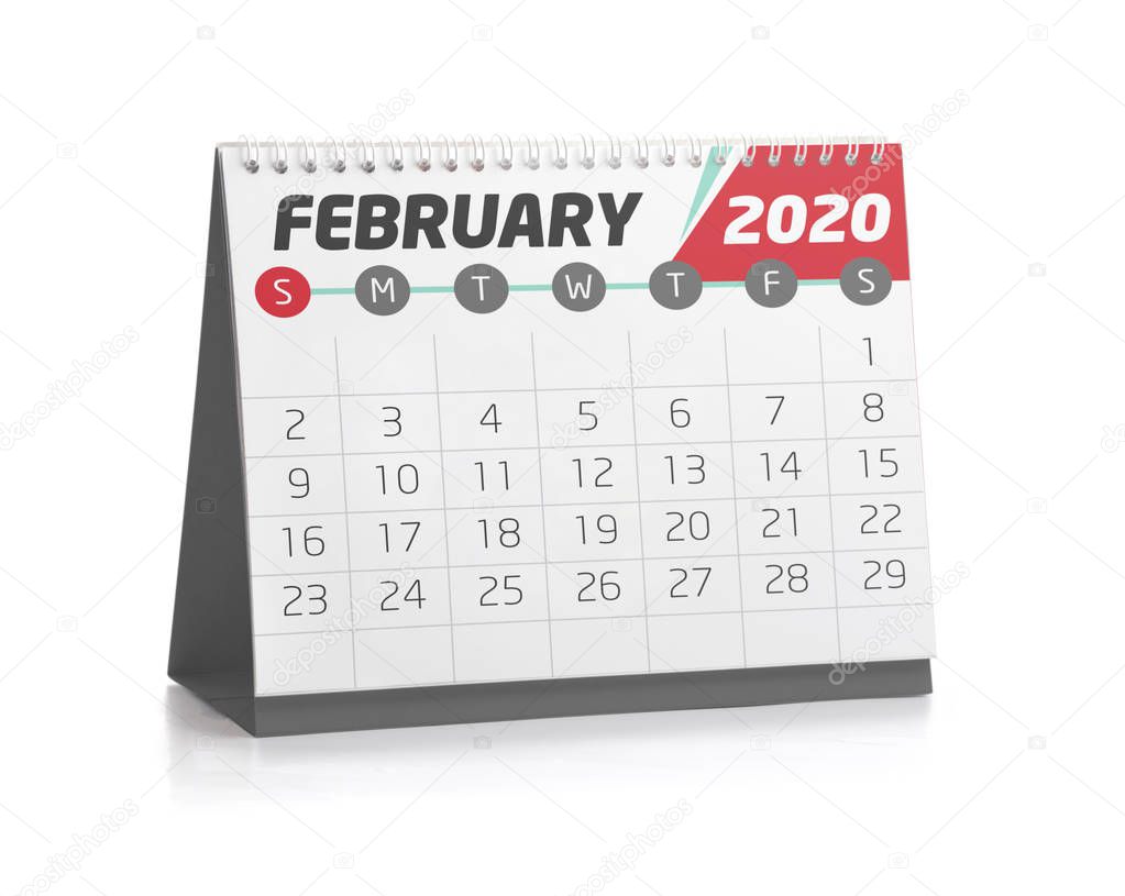 February White Office Calendar 2020 Isolated on White