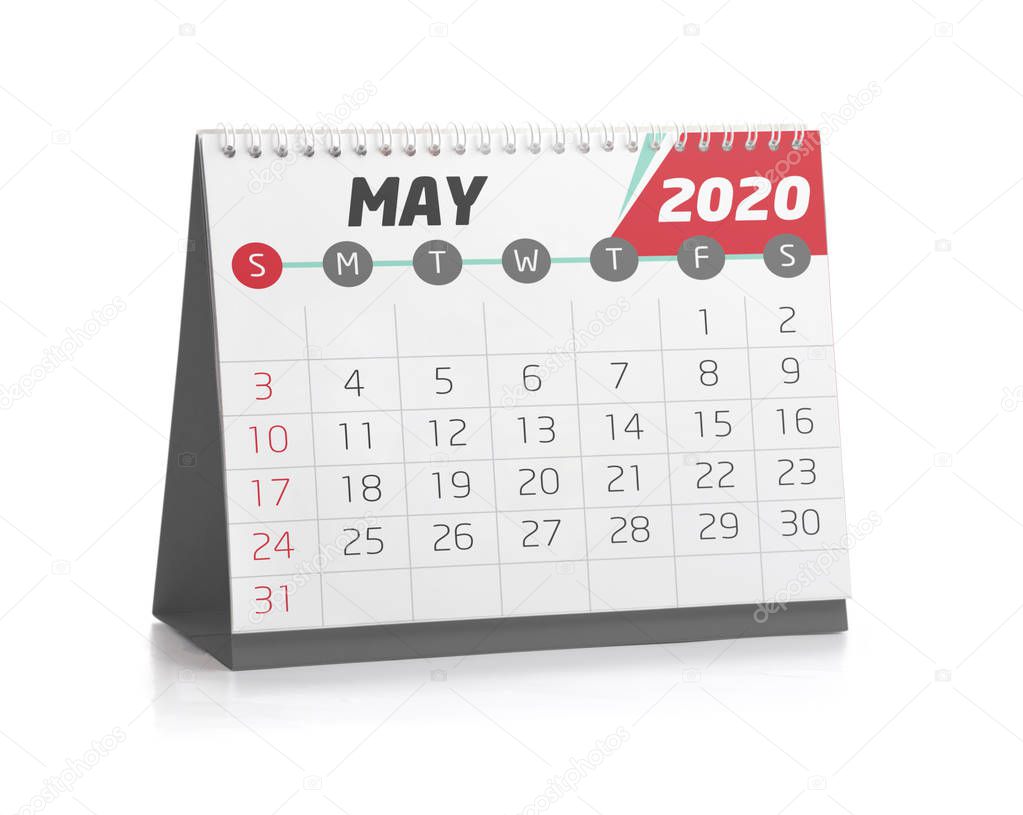 May White Office Calendar 2020 Isolated on White