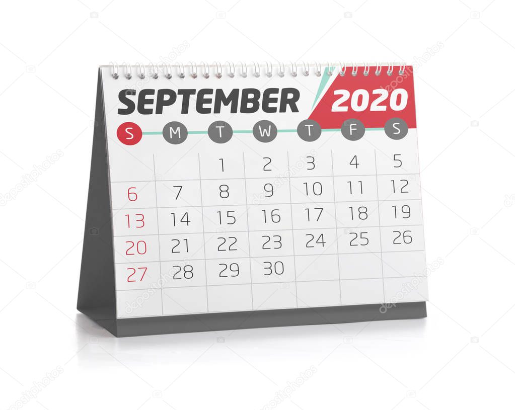 September White Office Calendar 2020 Isolated on White