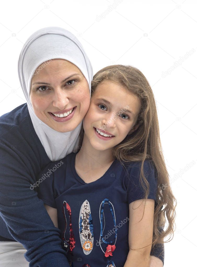Happy Muslim Mother Hugging Her Daughter Isolated on White