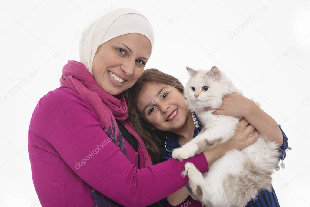 Happy Muslim Mother & Girl and A White Cat