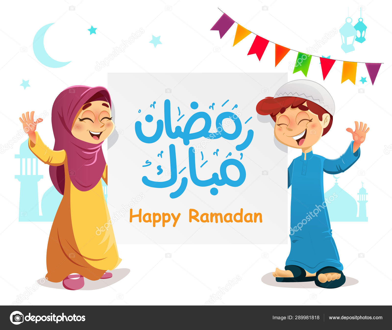 Happy Young Muslim Kids with Ramadan Mubarak Banner Celebrating Stock Vector Image by ©MidoSemsem #289981818 Happy Young Muslim Kids with Ramadan Mubarak Banner Celebrating Stock Vector Image by ©MidoSemsem #289981818