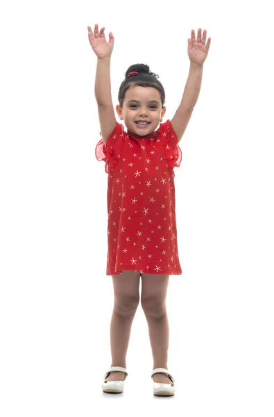 Little Girl Raising Her Arms Isolated on White Background — Stock Photo, Image