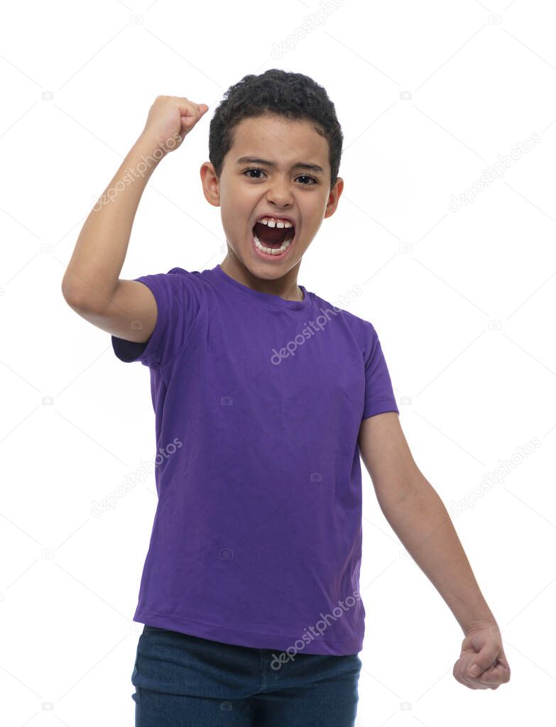 Active Winner Boy Shouting Over White Background