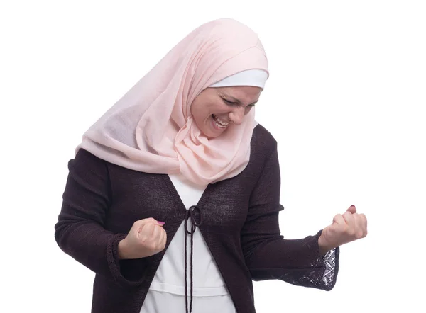 Glückliche Muslimin Feiert Triumph Über Weißen Hintergrund — Stockfoto