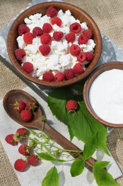 çilek süzme peynir ekşi krema bir dokuma kumaş üzerine bir çömlek içinde ahududu şube