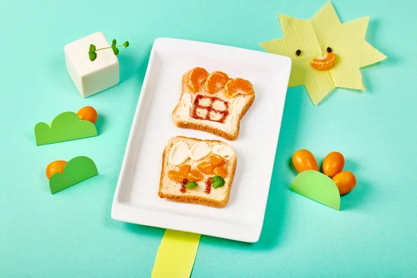 Funny picture with children's toasts, sun and kumquat bushes on a colored background