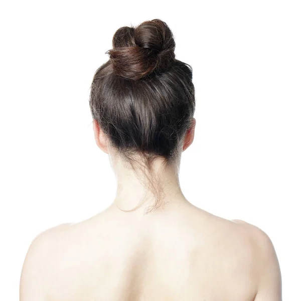 Vista posteriore della donna con stile di capelli panino disordinato — Foto Stock