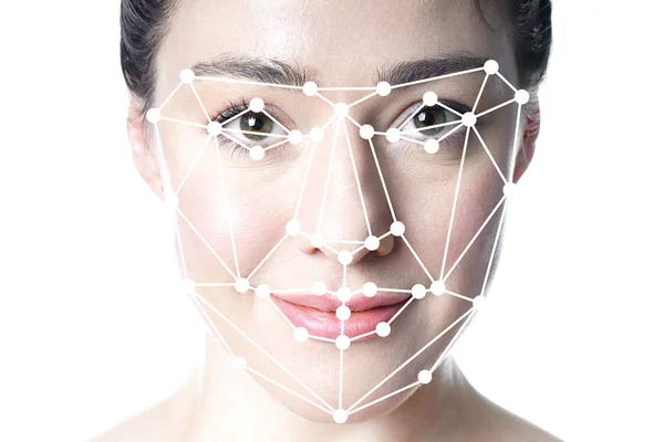 Face detection or facial recognition grid overlay on face of woman — 图库照片