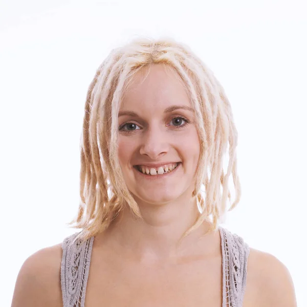 Happy young woman with blond dreadlocks and tooth gap — Stock Photo, Image