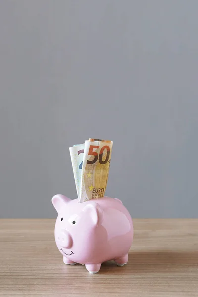 Sparschwein oder Sparschwein gefüllt mit Euro-Scheinen — Stockfoto