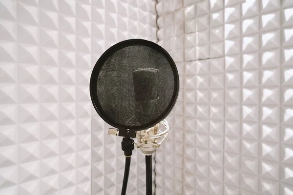 サウンドスタジオでのボーカル録音のための防音絶縁ブースのマイクスタンドのマイク ストック画像