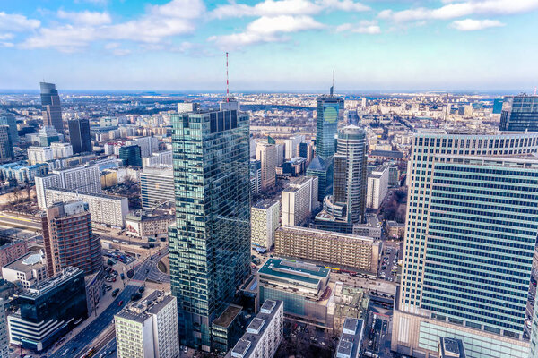 Panoramic view at the modern architecture buildings in the city center of Warsaw, Poland.