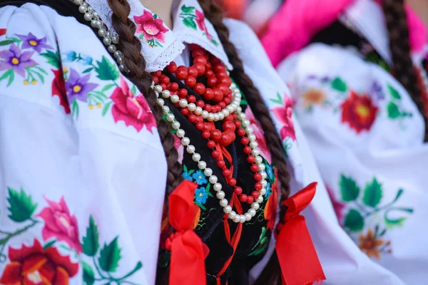 Bölgesel, işlemeli folklor kostümleri, çizgileri ve sembolleri renkli el yapımı gömlek. Corpus Christi geçit töreni sırasında. 