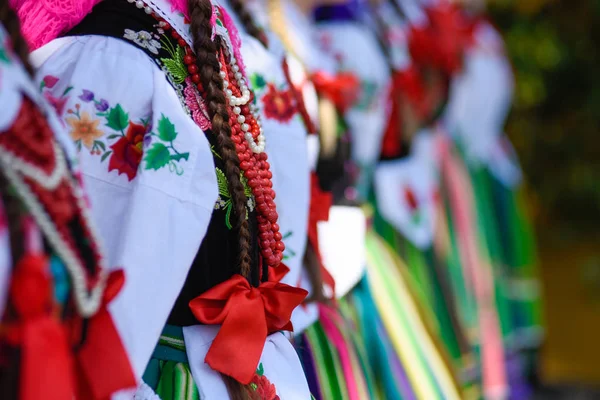 Bölgesel, işlemeli folklor kostümleri, çizgileri ve sembolleri renkli el yapımı gömlek. Corpus Christi geçit töreni sırasında. 
