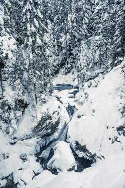 Kış görünümü Dağları ve ağaçları arasında neredeyse donmuş Creek karla kaplı.