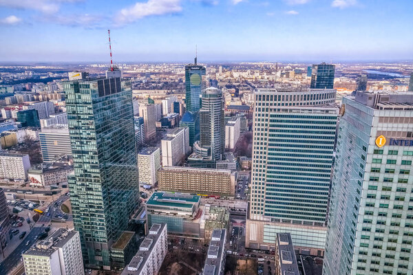 Warsaw / Poland - 02.17.2016: Panoramic view at the modern architecture buildings in the city center.