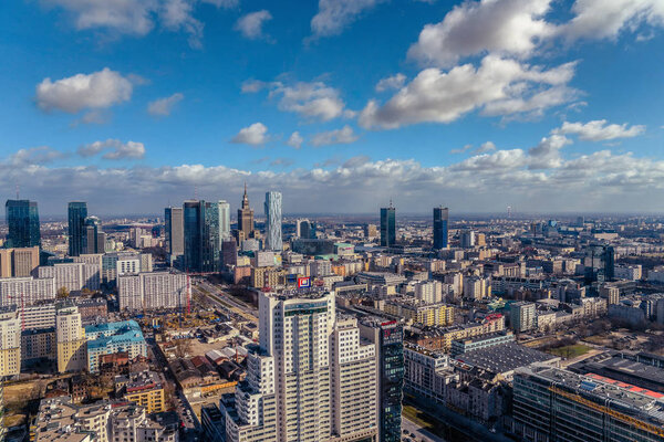 Warsaw / Poland - 03.16.2017: Panoramic view at city center with a variety of architecture styles at sunset.
